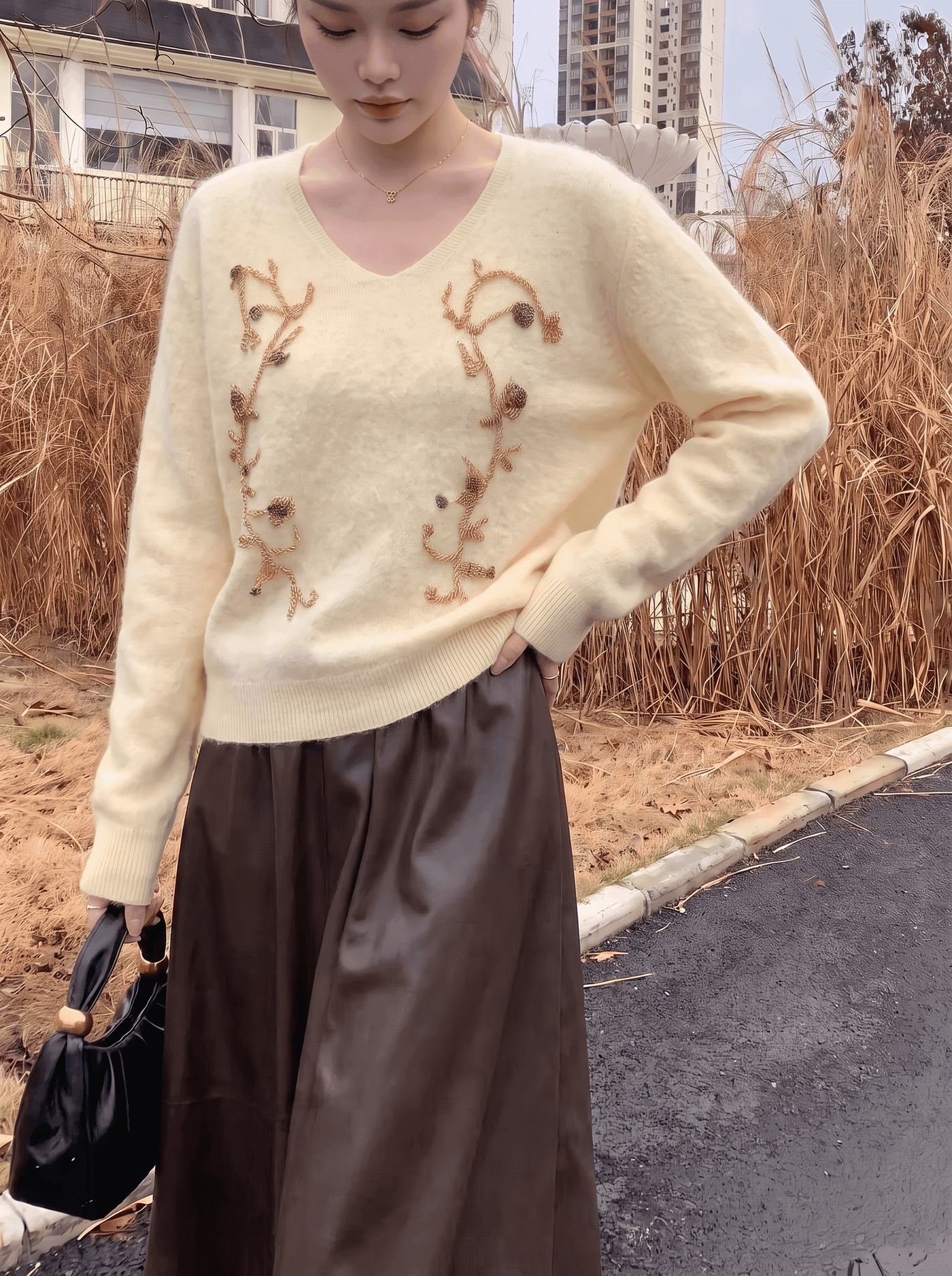 SXYSC01909# Autumn-Winter V-Neck Beaded Cashmere Wool Silk Blend Knit Sweater