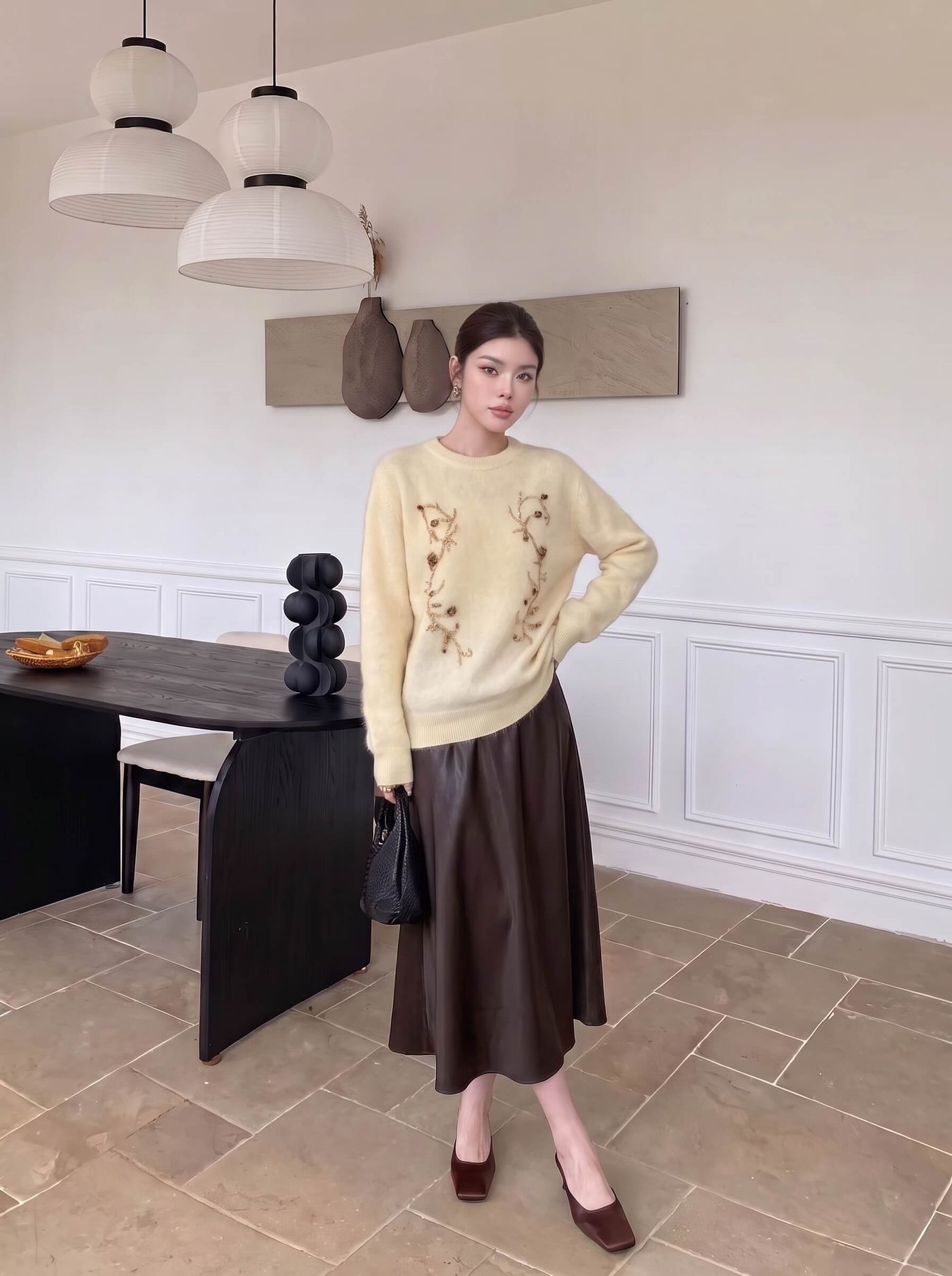 SXYSC01910 New Autumn/Winter Cashmere Wool Silk Blend Round Neck Beaded Knit Sweater