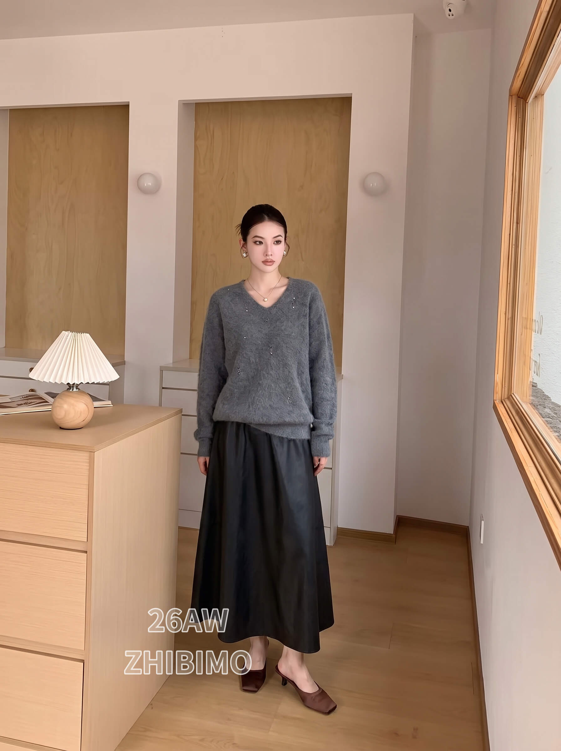 SXYSC01913# New Autumn/Winter Elegant V-Neck Cashmere Wool Silk Blend Heavy Beaded Knit Sweater