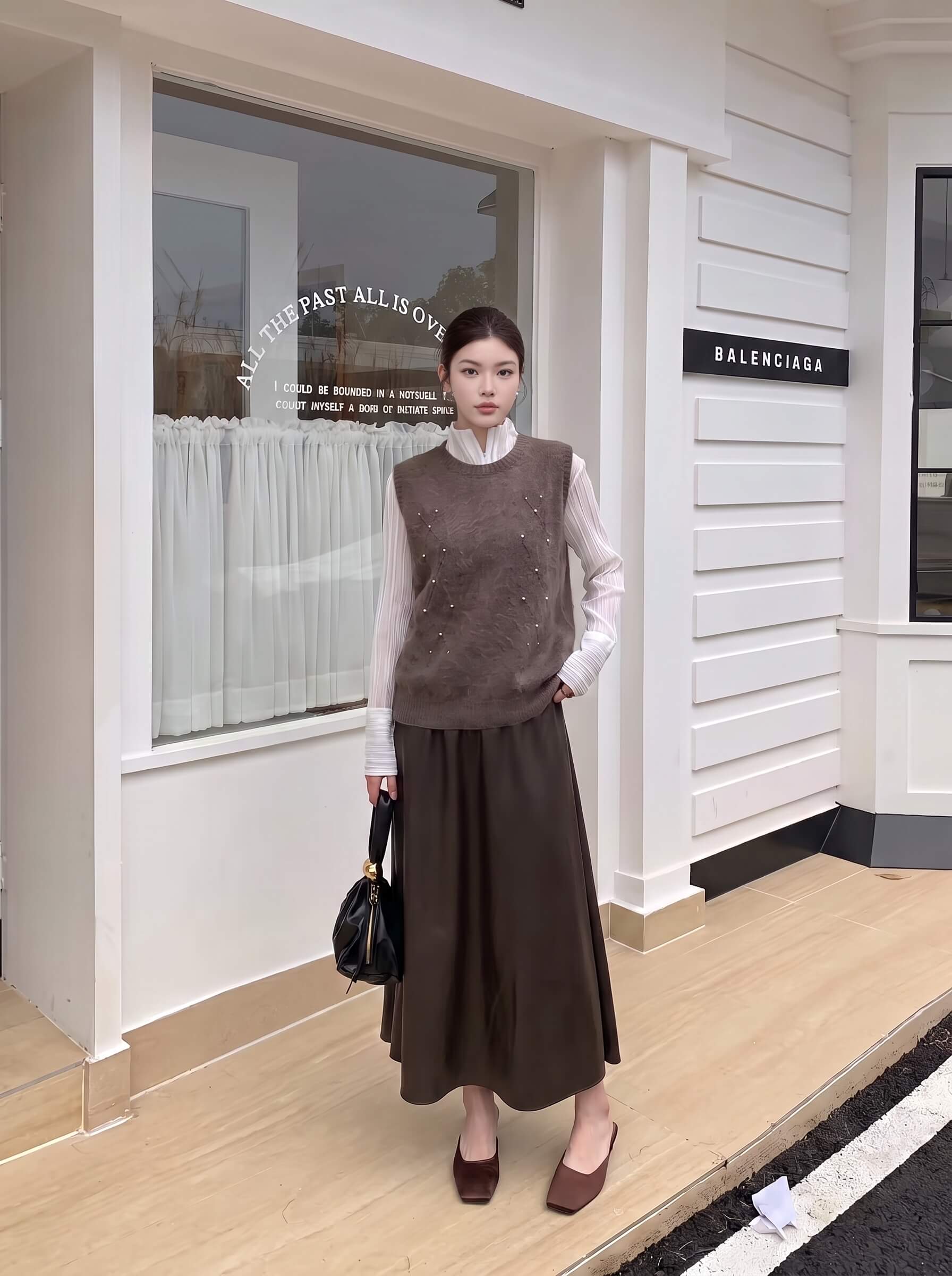SXYSC01922# New Autumn/Winter Cashmere Wool Silk Blend Heavy Beaded Crew Neck Knit Vest