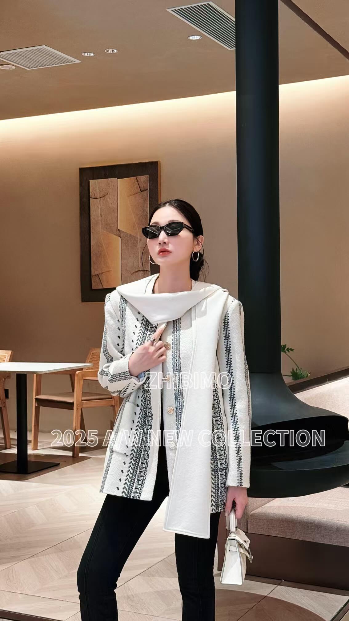 ZBM9244# Autumn New Vertical Stripe Jacquard Round Neck Tweed Jacket
