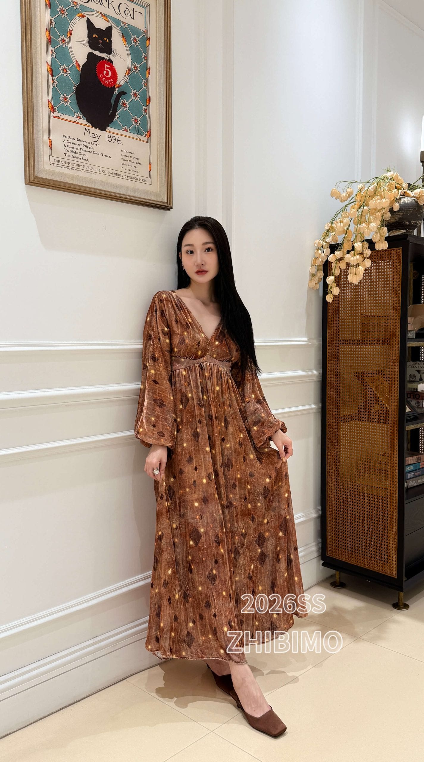 ZBMAWDL20 New Autumn Art Print V-Neck Long Dress