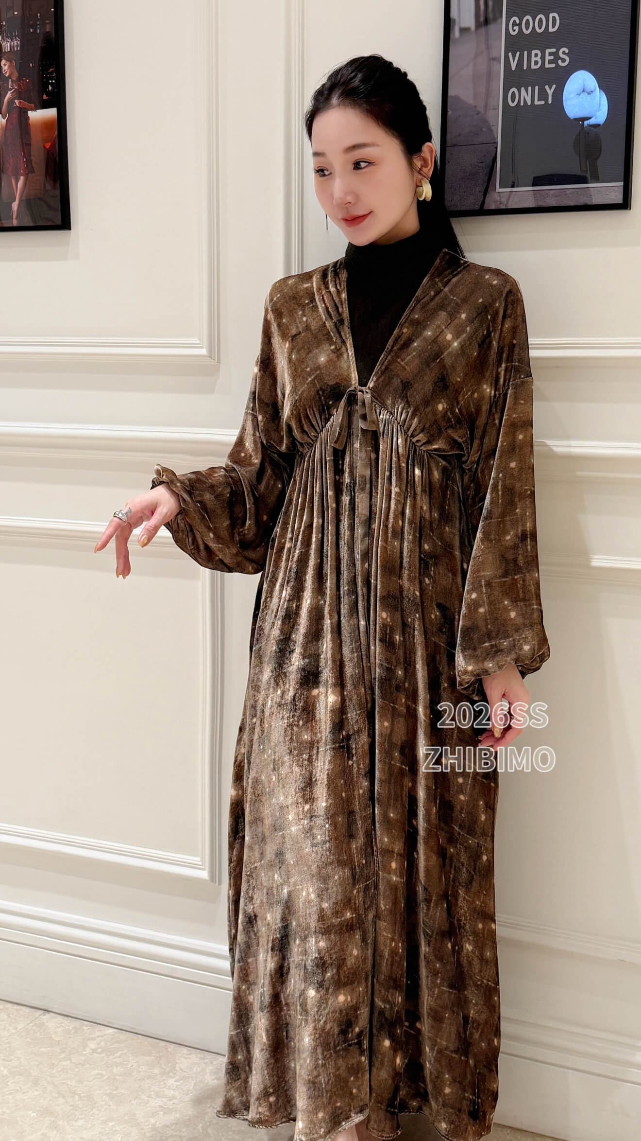 ZBMAWDL33# Autumn New Retro Tie-Dye Velvet V-Neck Drawstring Cardigan
