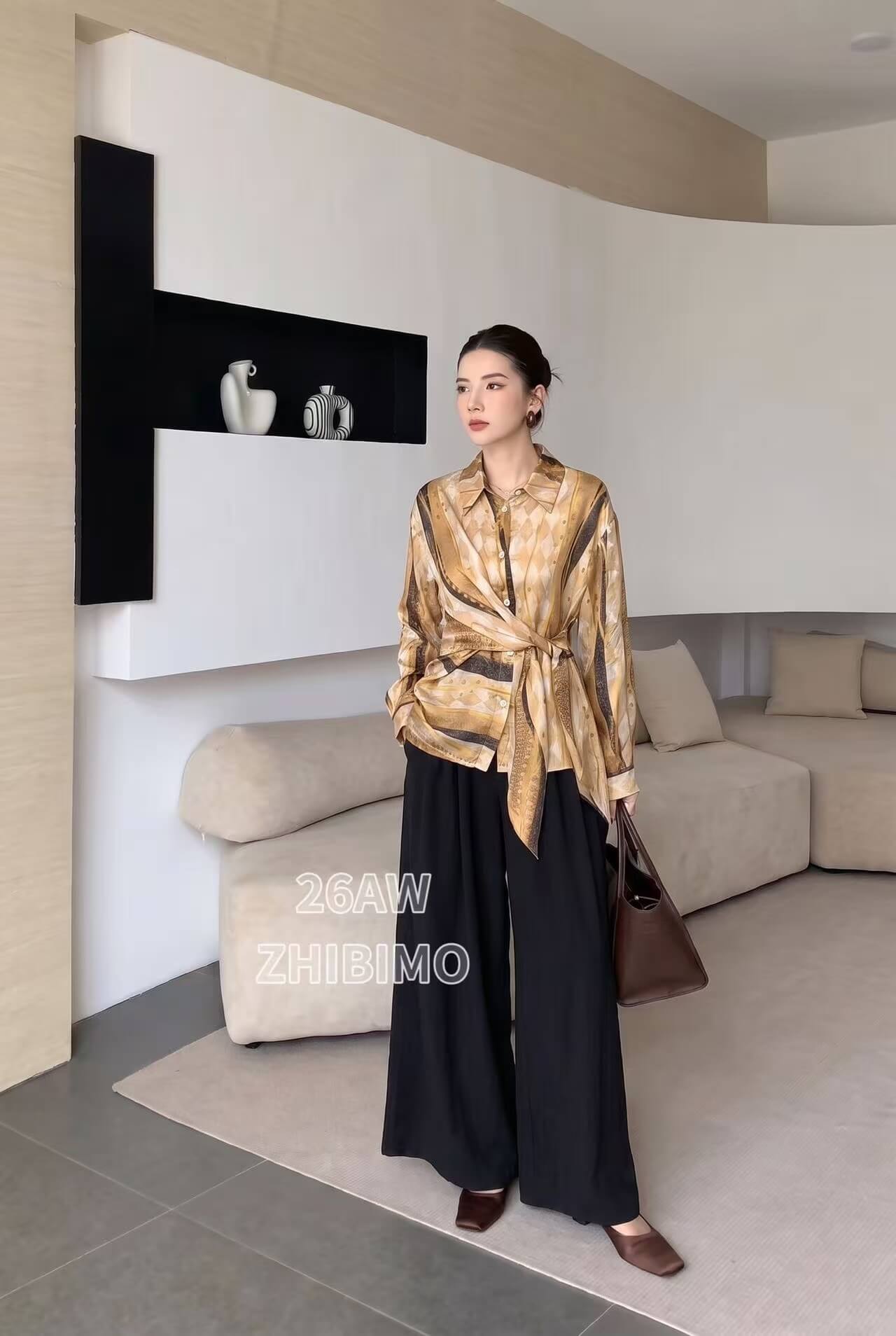 ZBMYU110 Autumn Art Print Tie-Waist Satin Blouse