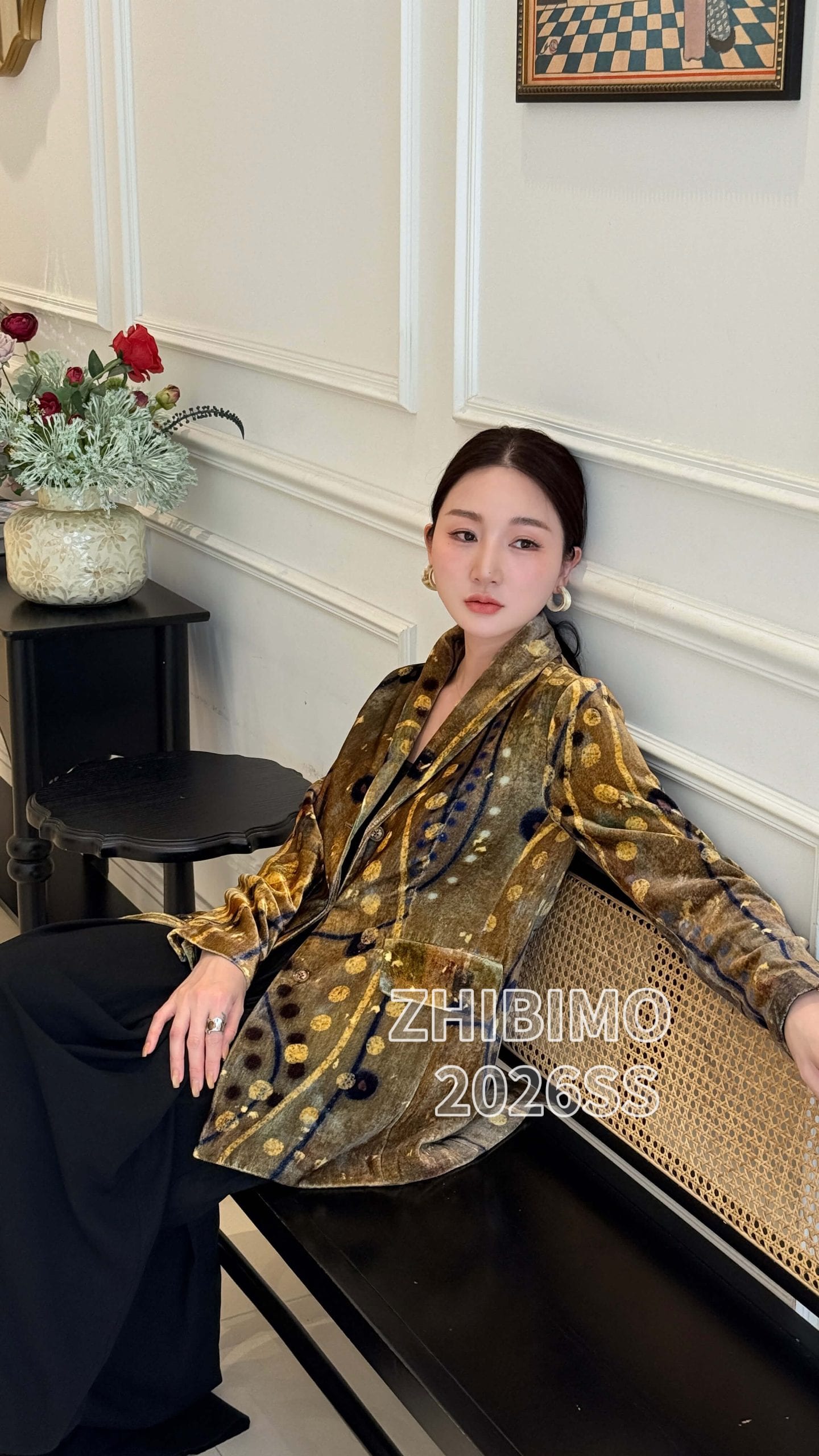 ZBMDLJK17# Autumn Art Print Velvet Shawl Collar Blazer