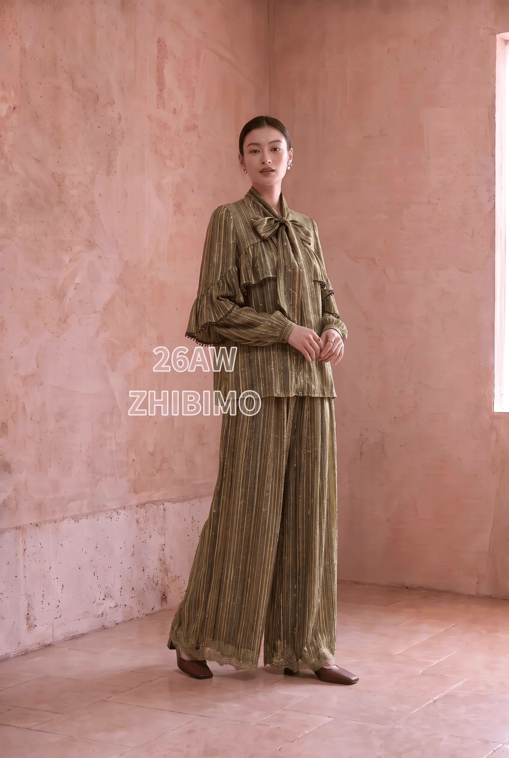 ZBMX061# Autumn New Arrival 100% Mulberry Silk Ribbon Ruffle Shimmer Striped Blouse Top