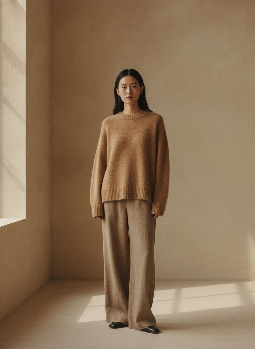 dili brand editorial — model in oversized camel cashmere knit and wide-leg trousers