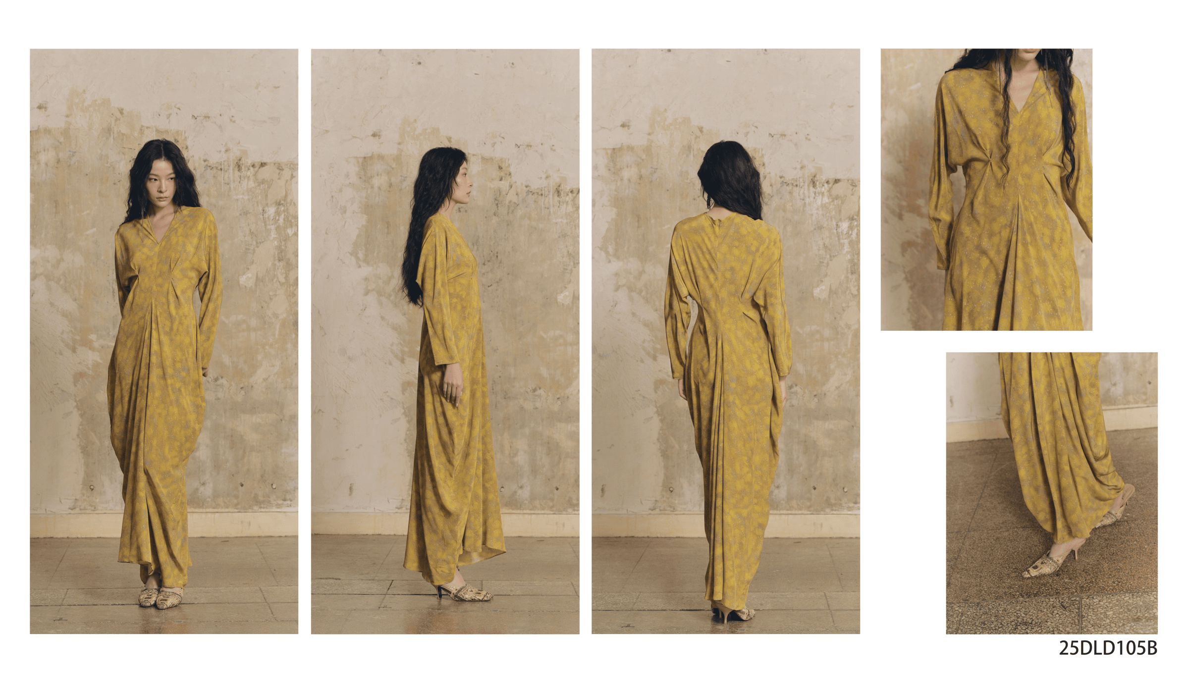 dili golden yellow V-neck long sleeve maxi dress style 25DLD105B