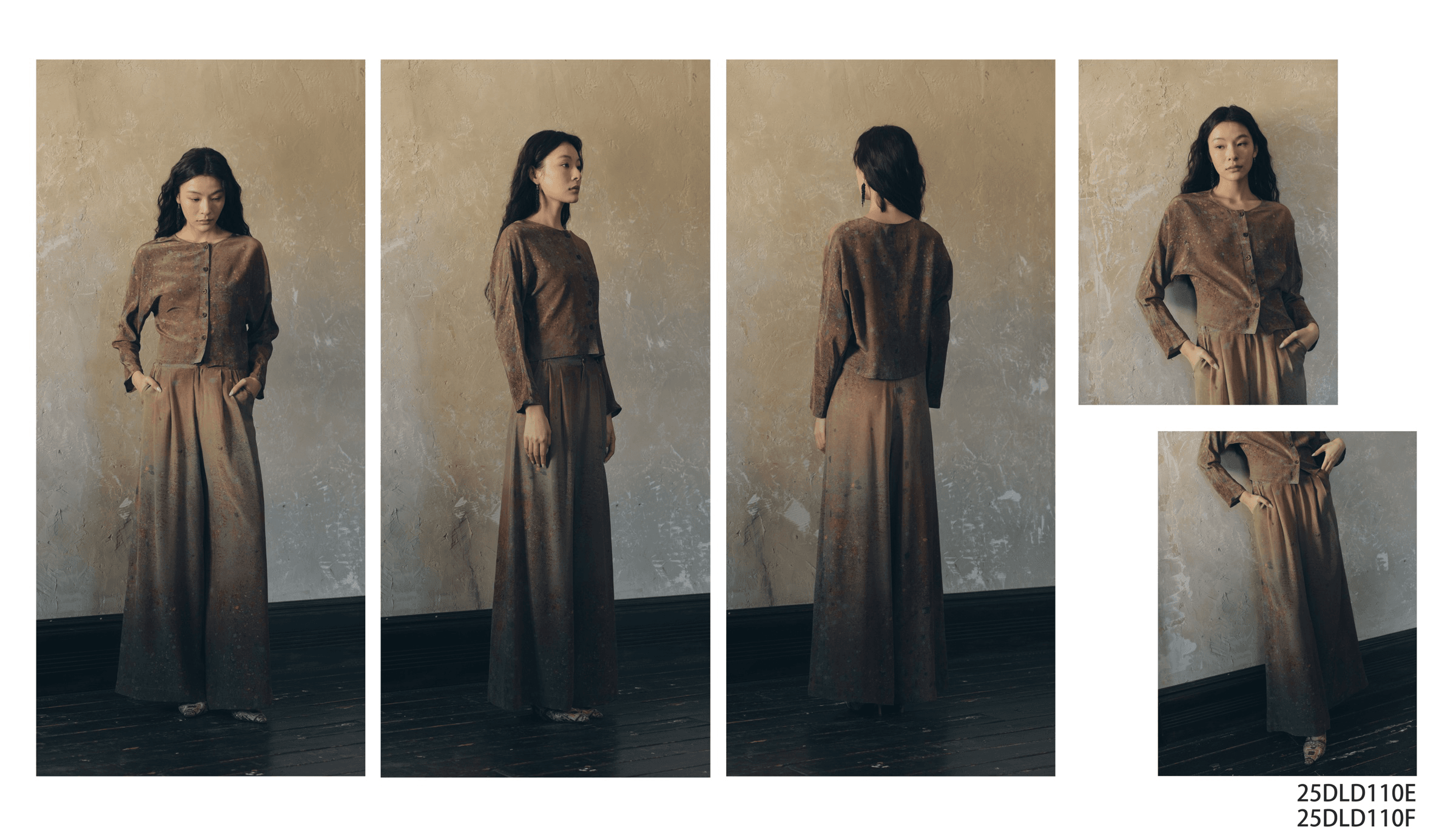 dili brown cropped cardigan and wide-leg trousers suit styles 25DLD110E and 25DLD110F