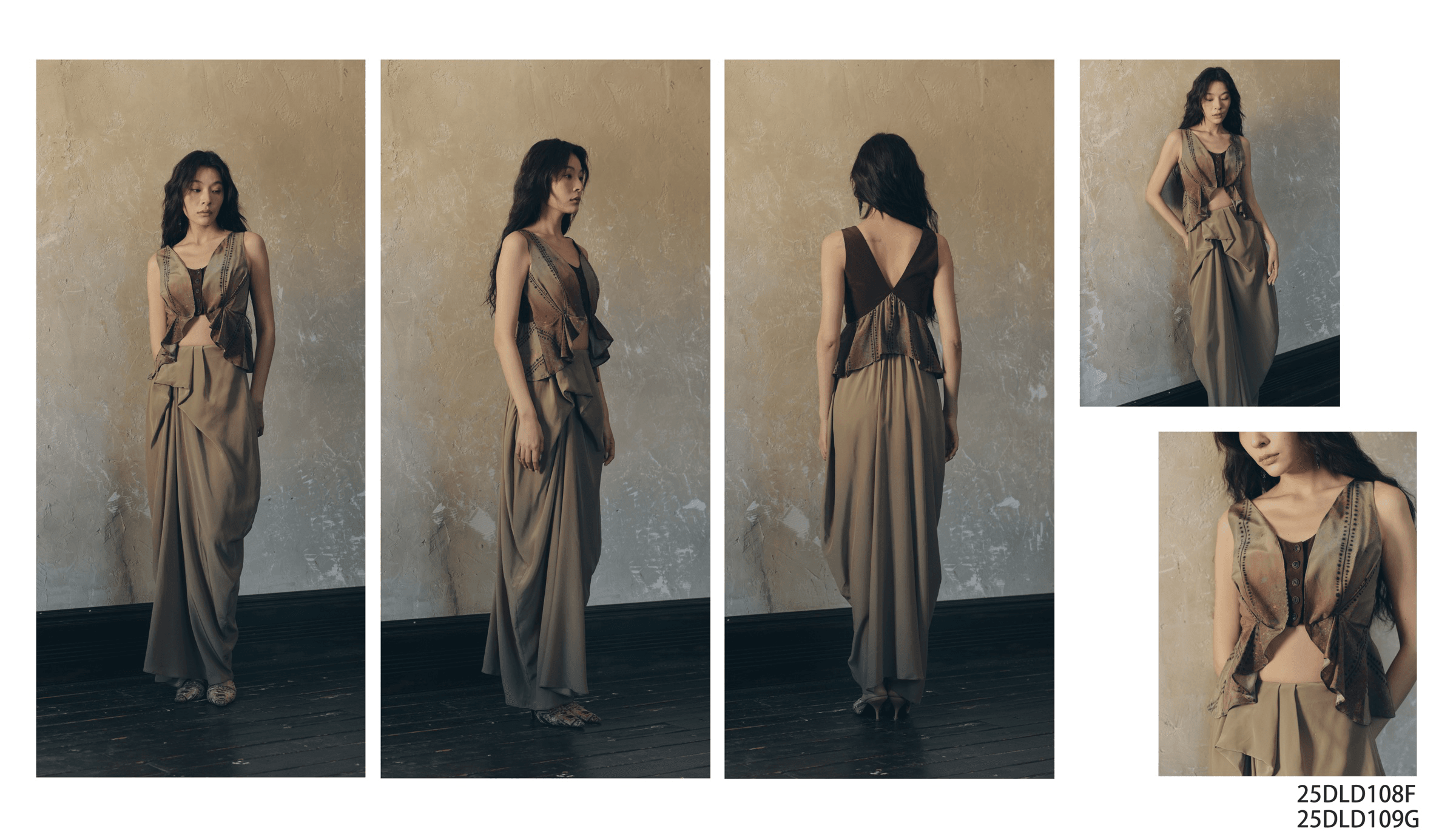 dili taupe deconstructed vest and draped wide-leg trousers styles 25DLD108F and 25DLD109G
