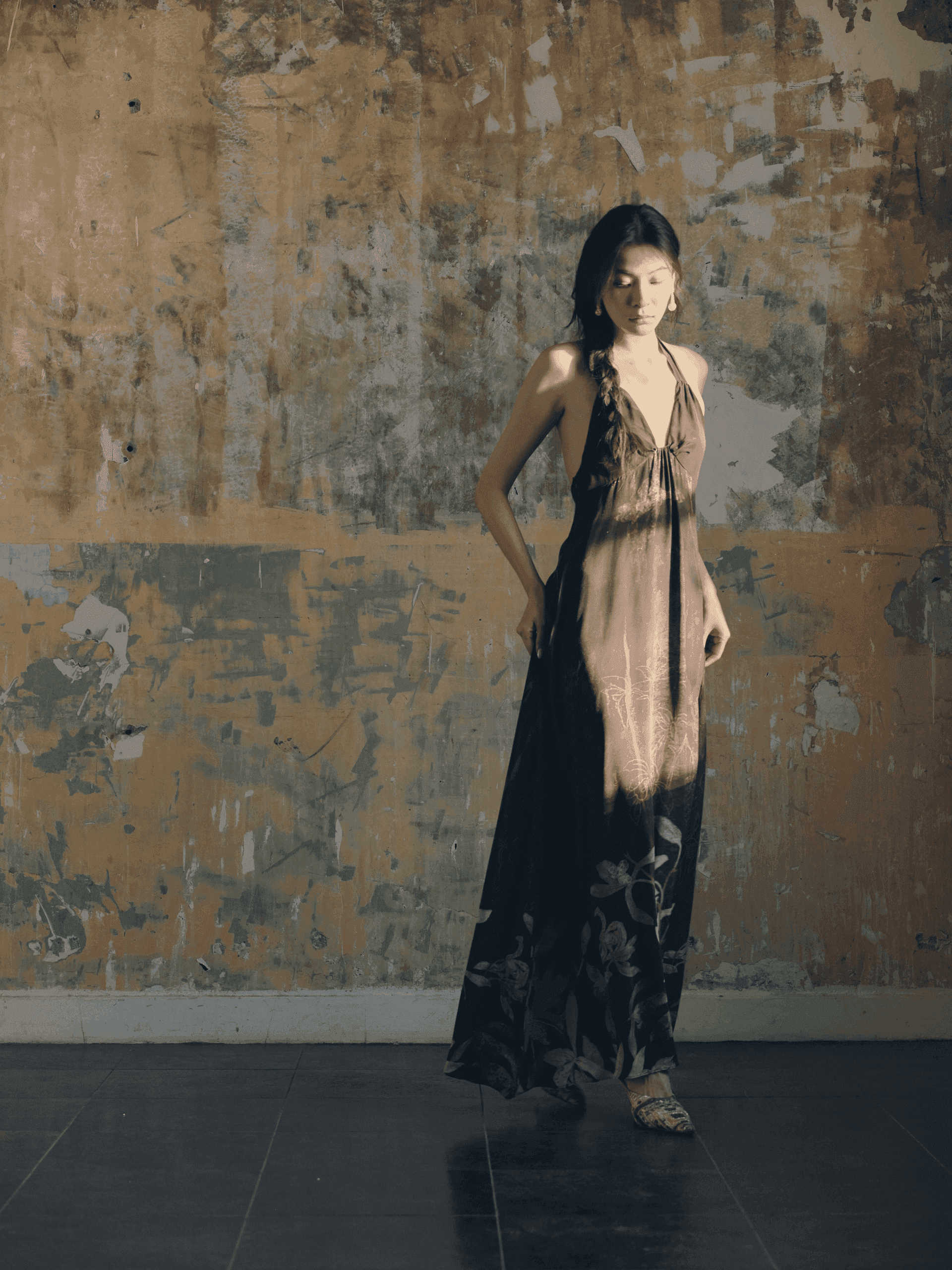Nine Orchids brown printed maxi dress on model
